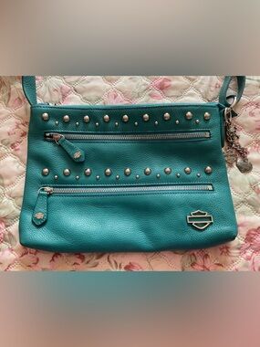 Harley Davidson Teal Pebbled Leather Studded Crossbody Purse